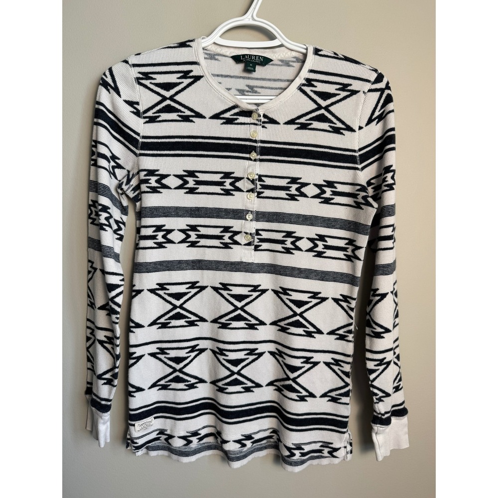 Lauren Ralph Lauren Henley Top M Aztec Geometric Print Thermal Knit Long Sleeve